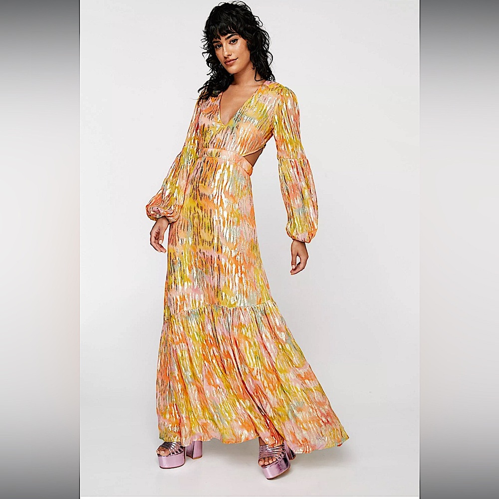 Metallic Blurred Floral Open Back Maxi Dress